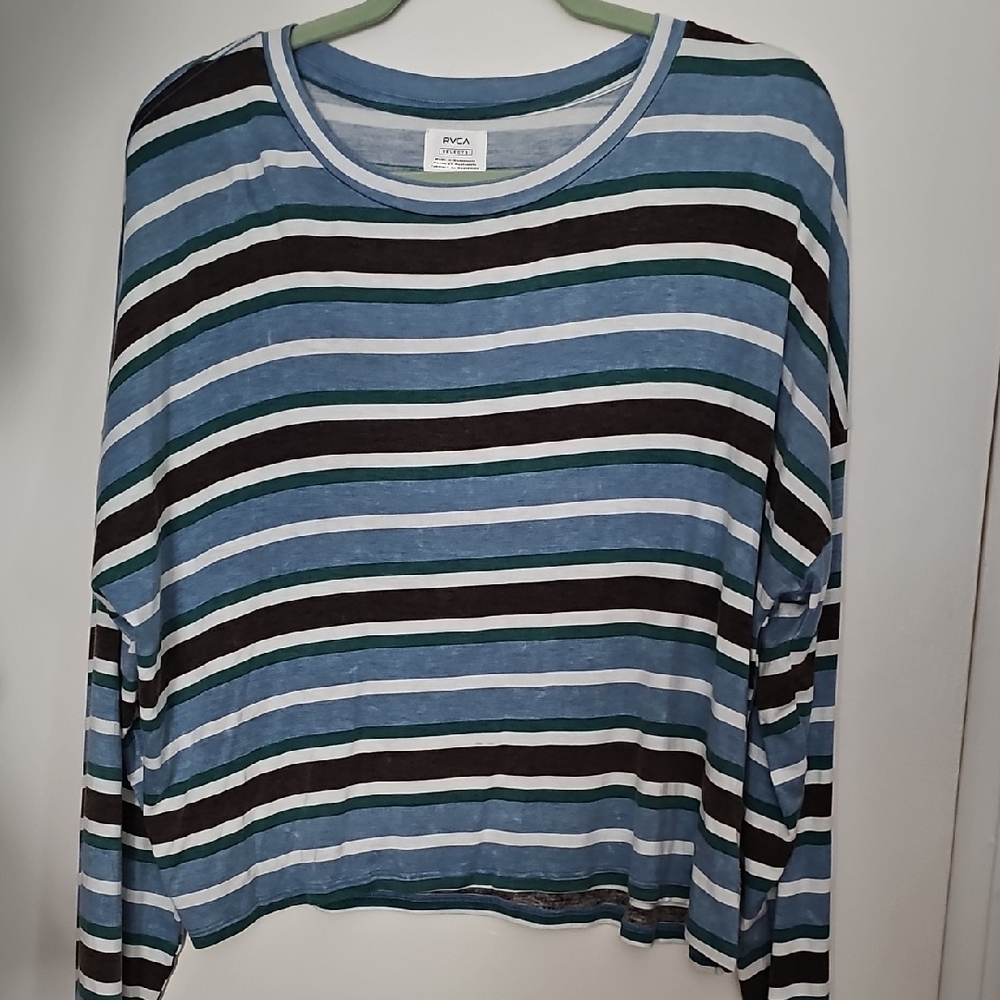 RVCA Blue and Black Striped Long Sleeve Tee